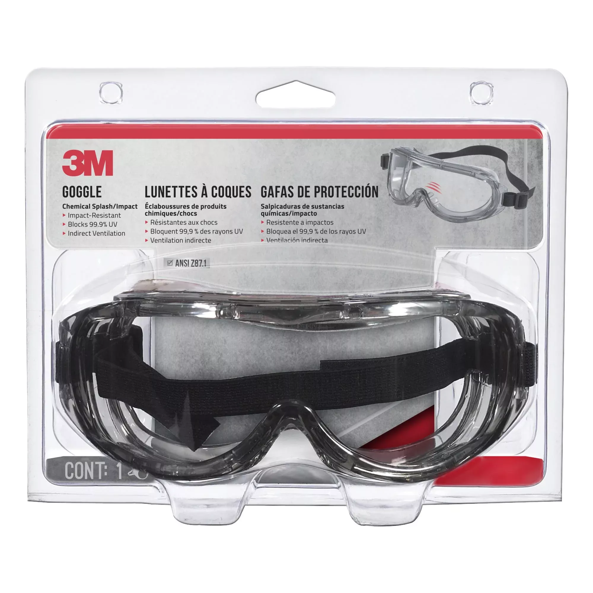 3M Professional Goggle, Chemical Splash, 91264H1-DC, Black Strap, GrayLens