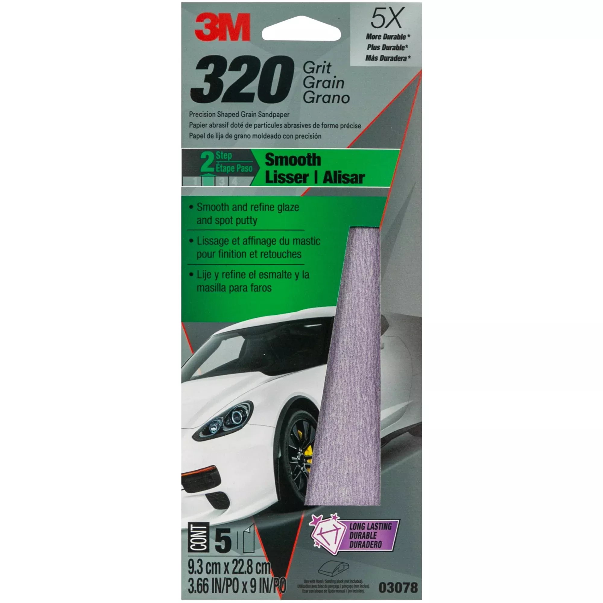 3M Sandpaper 03078, 3 2/3 in x 9 in, 320 Grit, 5/Pack