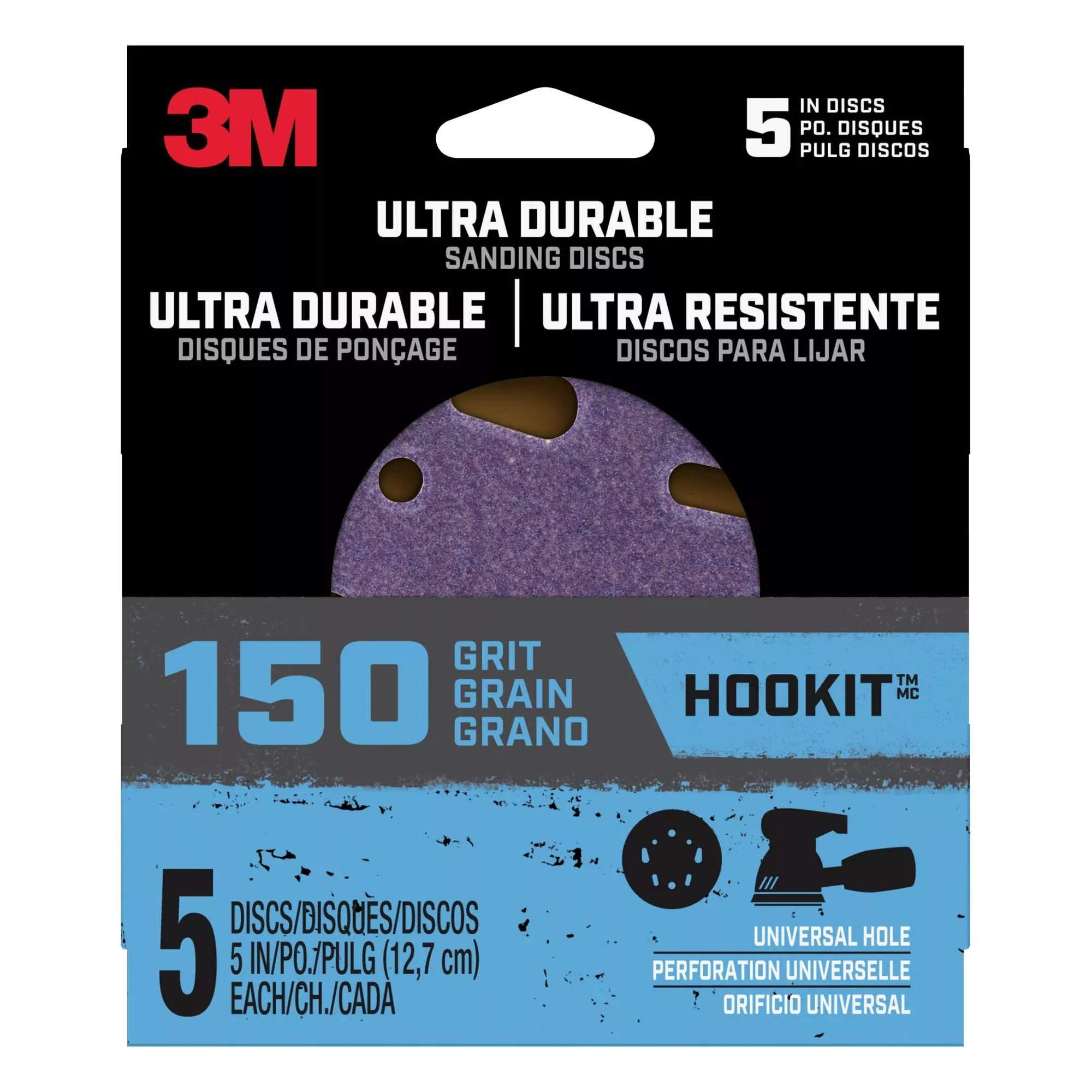 3M Ultra Durable 5 inch Power Sanding Discs, Universal Hole, 150 grit